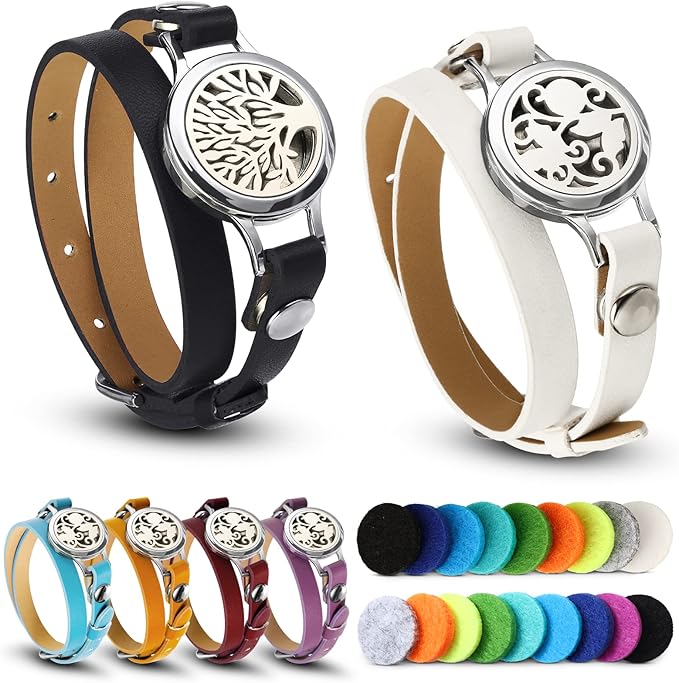 Bonuci 2 Pcs Essential Oil Diffuser Bracelet Gift for Mother's Day Aromatherapy Fragrance Locket Bracelet Adjustable with 6 Replacement Leather Band and 18 Refill Pad for Women Wife Friend Birthday
