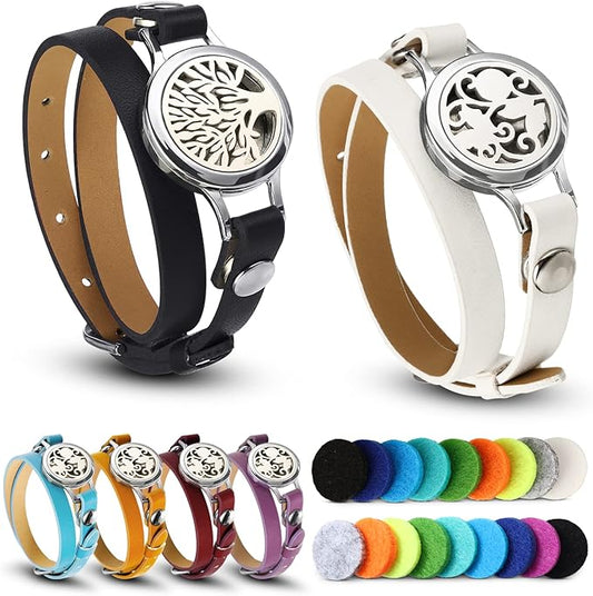 Bonuci 2 Pcs Essential Oil Diffuser Bracelet Gift for Mother's Day Aromatherapy Fragrance Locket Bracelet Adjustable with 6 Replacement Leather Band and 18 Refill Pad for Women Wife Friend Birthday