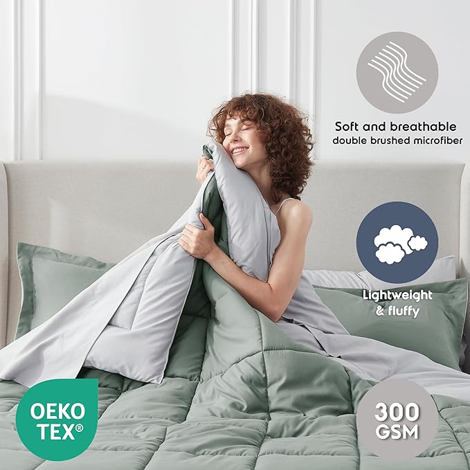 Nestl 9 Piece Queen Comforter Set – Sage Green Reversible Bed in a Bag – Complete Queen Size Bedding Set with Sheets, Set of 2 Down Alternative Pillows, Pillowcases and Shams