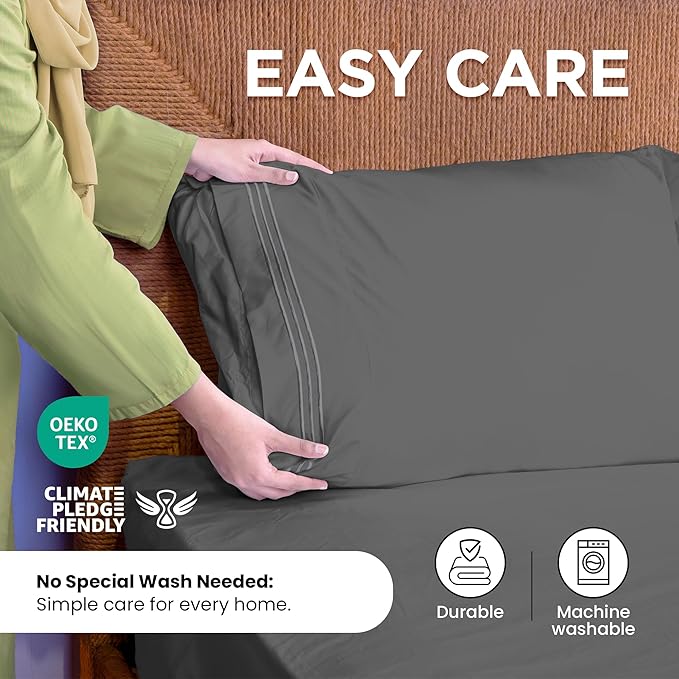 ROYALE LINENS 4 Piece King Sheets Set - Soft Brushed 1800 Microfiber Bedding - 1 Fitted and 1 Flat Sheet, 2 Pillow Cases - Wrinkle Free & Fade Resistant - Hotel Luxury Bed Sheets Set (Grey, King)