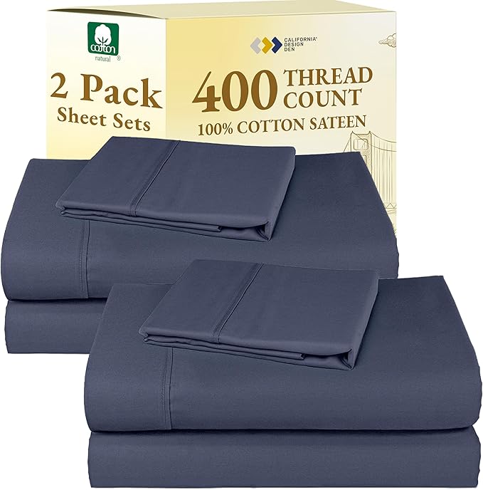 California Design Den 2-Pack Twin Sheets Set - 400 Thread Count 100% Cotton Sateen - Soft and Breathable Sheets, 2 Sets of Deep Pocket Bed Sheets - Indigo Dusty Blue