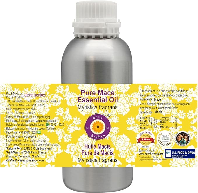Deve Herbes Pure Mace Essential Oil (Myristica fragrans) Steam Distilled 630ml (21 oz)
