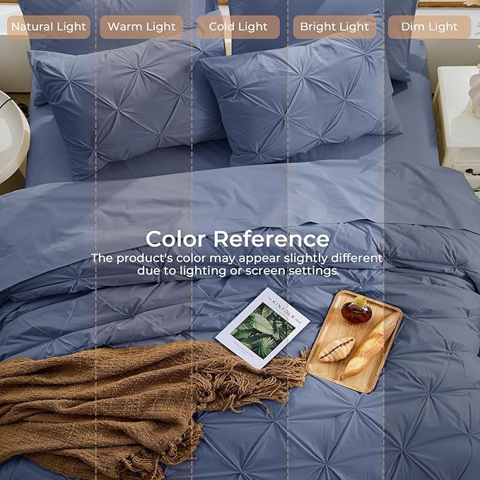 Sasttie Full Size Comforter Set, 7-Piece Bed in a Bag Double, Pintuck Bedding Set for All Season, Includes Comforter, Flat Sheet, Fitted Sheet, Pillowcases and Pillowshams, Indigo Blue
