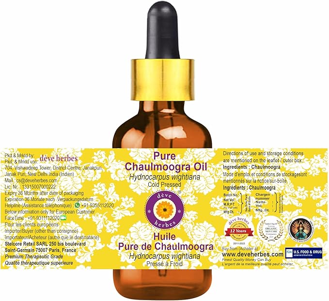 Deve Herbes Chaulmoogra Oil (Hydnocarpus wightiana) with Glass Dropper | Cold Pressed | Pure | For Diluting Essential oils | Skin & Massage | Non-Sticky | Lightweight | Unisex | 5ml (0.16 oz)