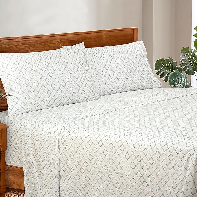 ROYALE LINENS 300 Thread Count 100% Long Staple Combed Cotton Sheet Set - 4 Piece King Bed Sheets - 1 Fitted, 1 Flat & 2 Pillow Cases - Soft Cool & Crisp Sheet Set (King, Vintage Trellis,Grey Blue)