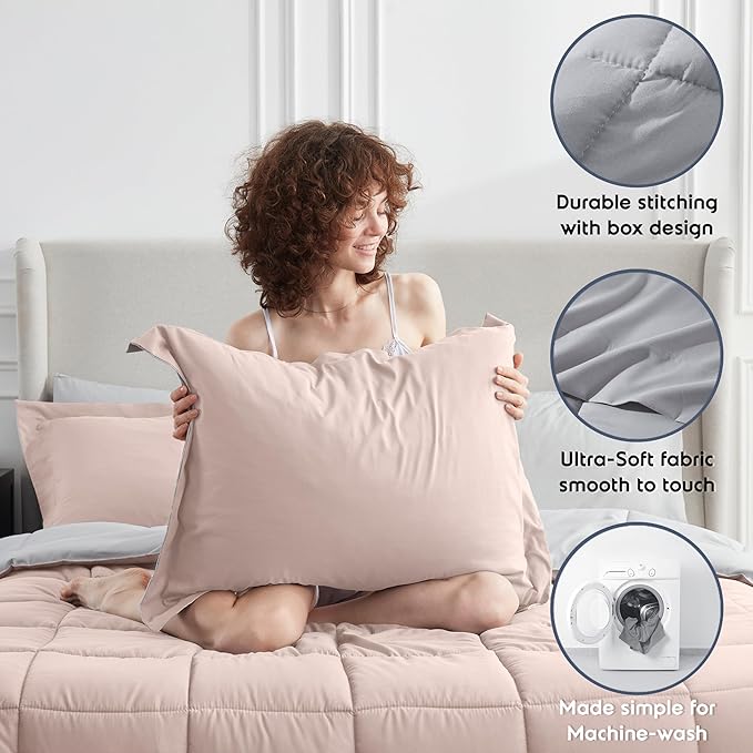 Nestl 9 Piece California King Comforter Set – Blush Pink Reversible Bed in a Bag – Complete Cal King Size Bedding Set with Sheets, Set of 2 Down Alternative Pillows, Pillowcases and Shams