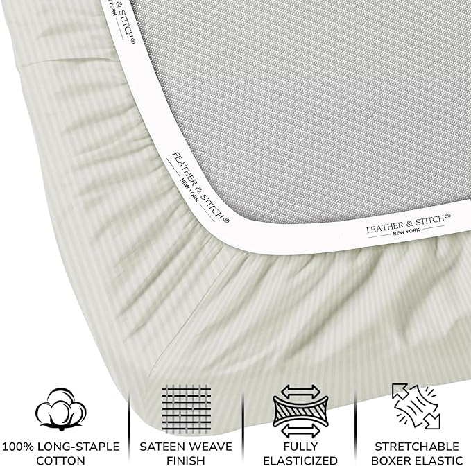 Feather & Stitch 500 TC Twin Size Damask Bed Sheet Set, 100% Cotton Soft Breathable Bedsheets, 3 Piece 18" Deep Pockets Sateen Weave Striped Bedding Mattress Resort Hotel Luxury - (Blue Blush Stripe)