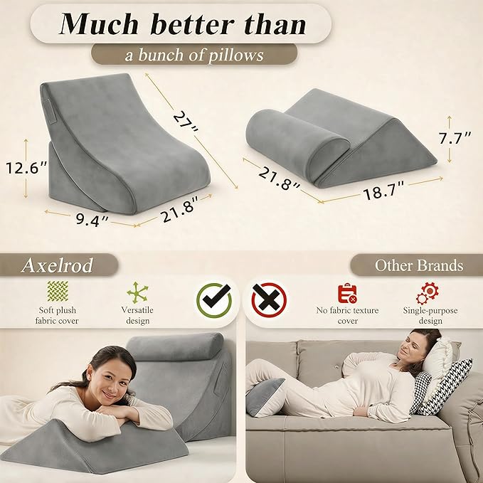 Axelrod 4PCS Orthopedic Bed Wedge Pillow Set, Post Surgery Foam for Back, Neck and Leg Pain Relief Comfortable & Adjustable Ortho Pillows- Anti Snoring, Heartburn, Acid Reflux & GERD Sleeping Grey