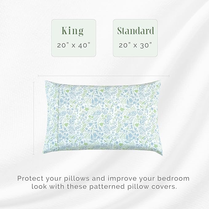 Elegant Comfort Ultra Soft Set of 2 Floral Print Pillowcases - 1500 Premium Hotel Quality Microfiber, Soft and Smooth Envelope Closure 2-Piece Pillow Covers - King, Green Anita