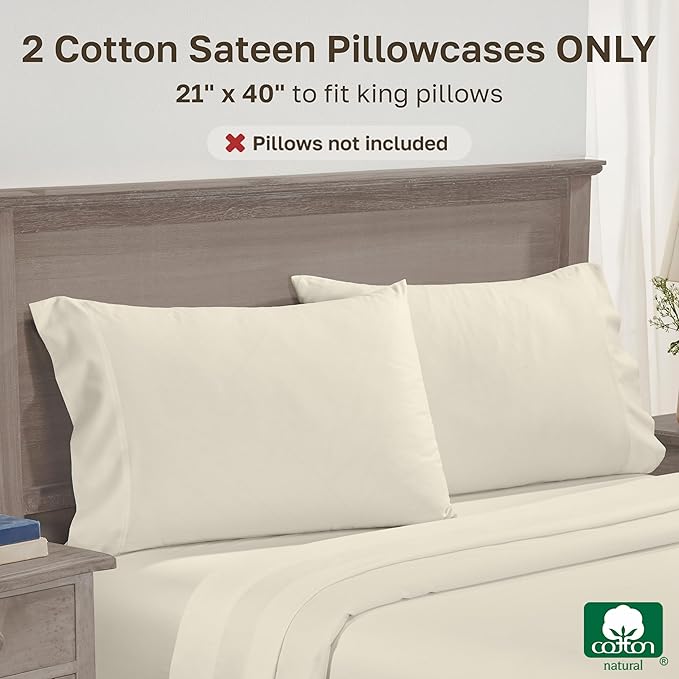 Luxuriously Soft Premium 600 Thread Count, 100% Cotton Set of 2 Cases, Crisp King Size Pillow Case Set of 2, Fits King Pillows - Cream (Warm Ivory)