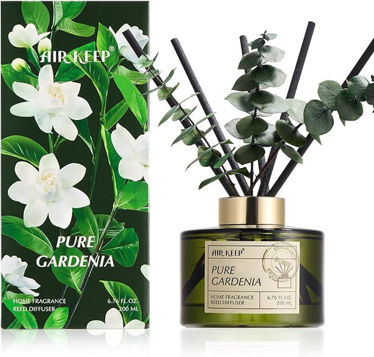 Airkeep Reed Diffuser Set with 6.76 fl oz Pure Gardenia Scent Essential Oils and 3 Leaves & 8 Diffuser Sticks,Bathroom Shelf Decor & Air Freshener, House Bedroom Office Decor & Gifts