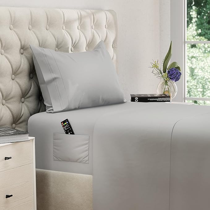 DREAMCARE Twin Sheets - 3 pcs Breathable Cooling Bed Sheets - up to 15" Deep Pocket Twin Bed Sheets with Side Pockets - Extra Soft 100% Brushed Hypoallergenic Hotel Luxury Bedding - Light Gray