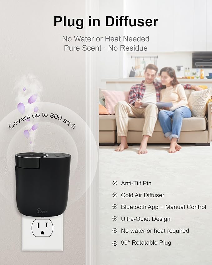 Plug in Diffuser - 800 Sq Ft,No Wobble Design,Secure Wall Fit,Timer Control&Scent Intensity Button,Bluetooth APP,Waterless Scent Diffusers Home,Essential Oil Plug in Wall Diffuser – Black