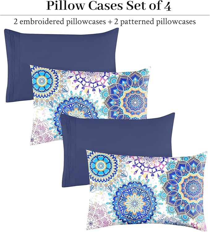 YIYEA Pillow Cases Standard Size Set of 4, Ultra Soft 1800TC Hotel Quality Double Brushed Microfiber Embroidered Pillowcases and Boho Pillow Covers, Envelope Closure, Fade Resistant (20"x26")