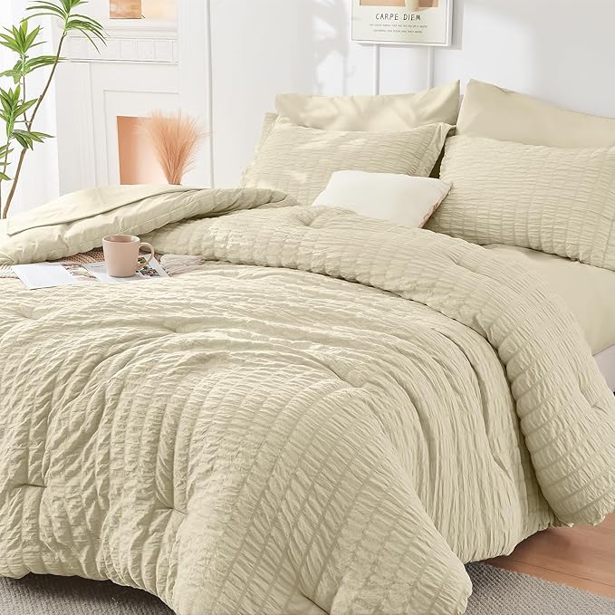 HYMOKEGE Oatmeal California King Comforter Set Seersucker 7 Pieces, All Season Luxury Bed in a Bag for Bedroom, Bedding Set with Comforter, Sheets, Pillowcases & Shams