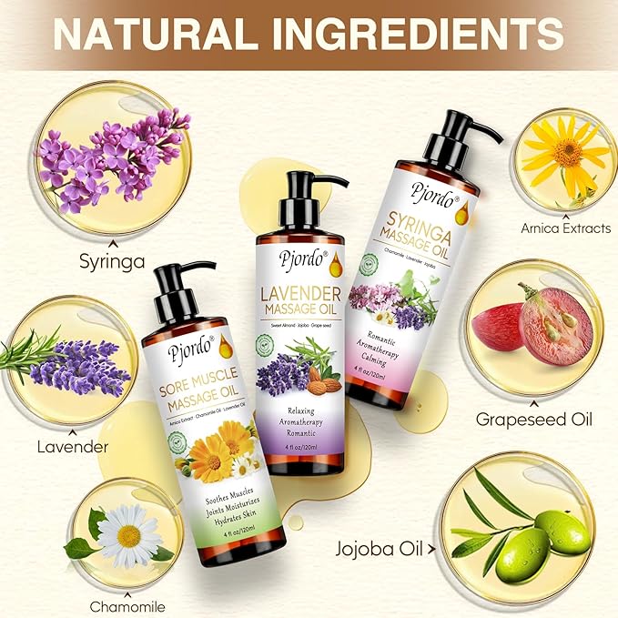 Pjordo Body Massage Oil for Massage Therapy Kit, Lilac, Lavender, Sore Muscle Arnica Oil with Massage Roller Ball, Relaxing Massage Oils for Pain Relief, Spa Gift Set for Him Her