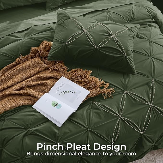 Sasttie Full Size Comforter Set, 7-Piece Bed in a Bag, Pintuck Bedding Set for All Season, Includes Comforter, Flat Sheet, Fitted Sheet, Pillowcases and Pillowshams, Dark Green