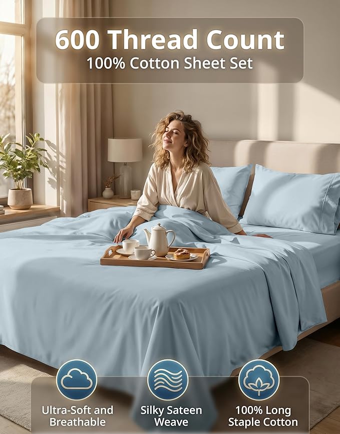 LANE LINEN 100% Cotton Sheets Full Size - Premium Sateen Weave for a Silky Finish - Hotel Collection Sheet Set - Snugly Fits Matresses Upto 15 '' Deep - Oeko TEX Certified Set - French Blue