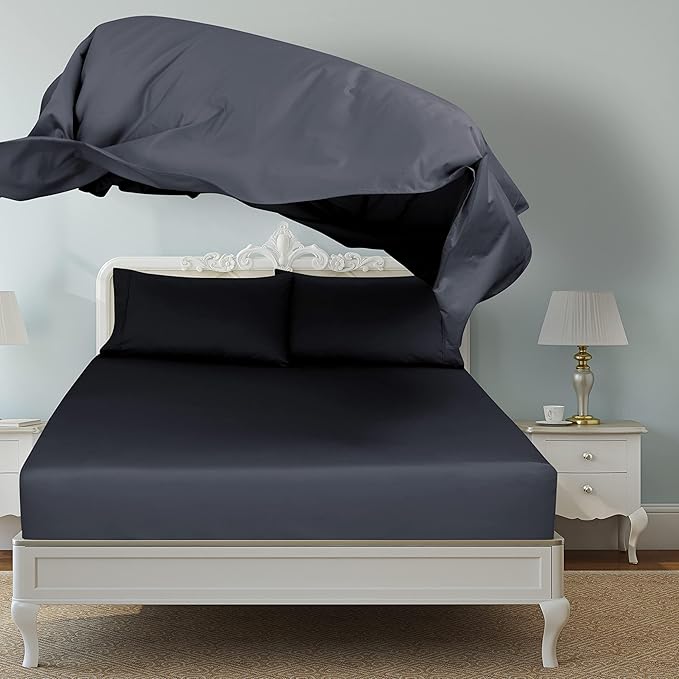 ROYALE LINENS 400 Thread Count 100% American Grown Cotton 4 Piece Sateen King Sheet Set - 1 Fitted Sheet, 1 Flat Sheet, 2 Pillow case - Grey King Bedsheet - Cotton Sheets - (King, Spanish Slate)