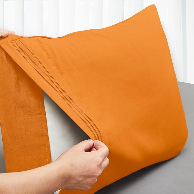Mocassi 2-Piece Premium Standard/Queen Pillowcase Set 1800 Series Hotel Quality Microfiber - Soft and Breathable with 3-Line Embroidery Wrinkle and Stain Resistant, Easy Care, 20" x 30", Orange