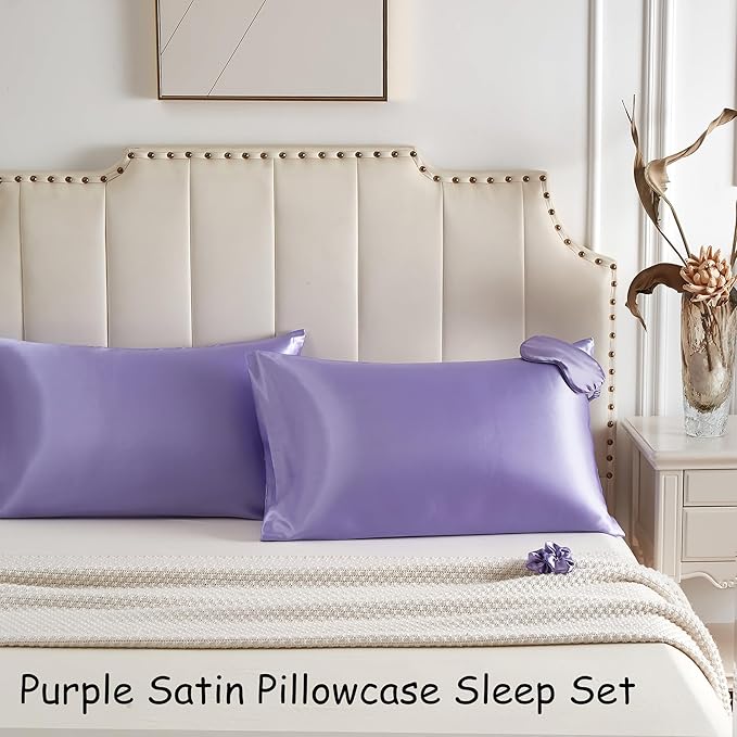 Purple Satin Pillowcase for Hair and Skin, Super Soft Vegan Silk Sleep Set-2 Satin Pillow Cases Standard Size, 1 Eye Mask, 1 Scrunchie, Self Care Essential Satin Night Routine Kit