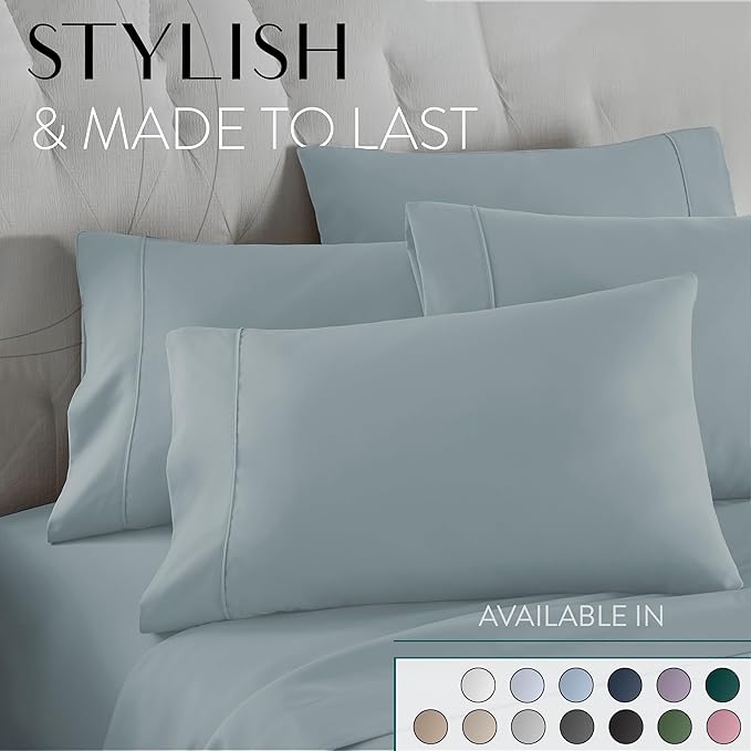 Danjor Linens Bed Sheet Set Cal King for Hot Sleepers, Hotel Premium Sheets with 4 Pillowcases, Lightweight Brushed Microfiber Deep Pockets, Breathable Cooling 6 Piece Bedding Sets, Spa Blue