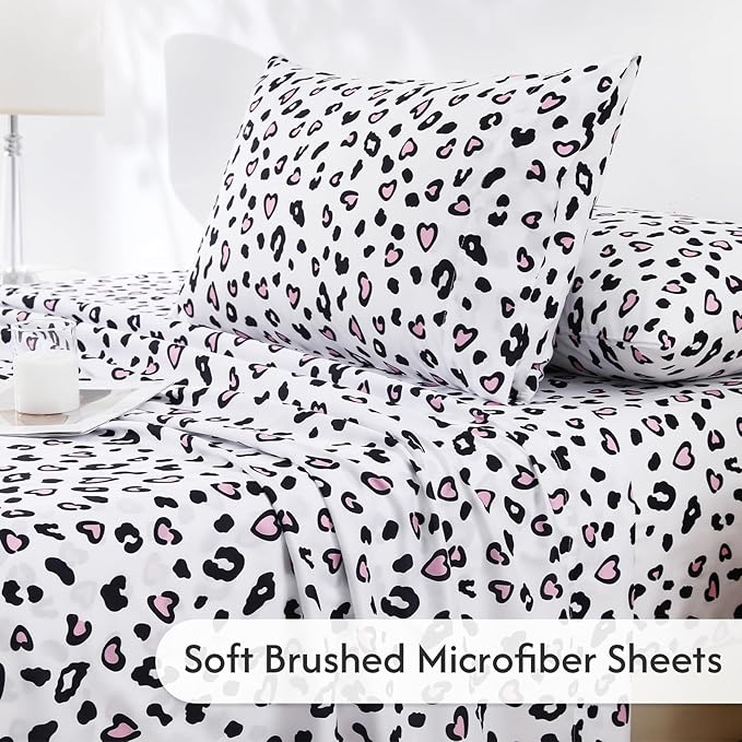 Twin Sheets Set, Leopard 3-Piece Brushed Microfiber Sheets, Cooling Bed Sheet Set, Soft & Breathable, 16' Deep Pocket Fitted Sheet & Pillowcase Set, Pink Hearts Leopard