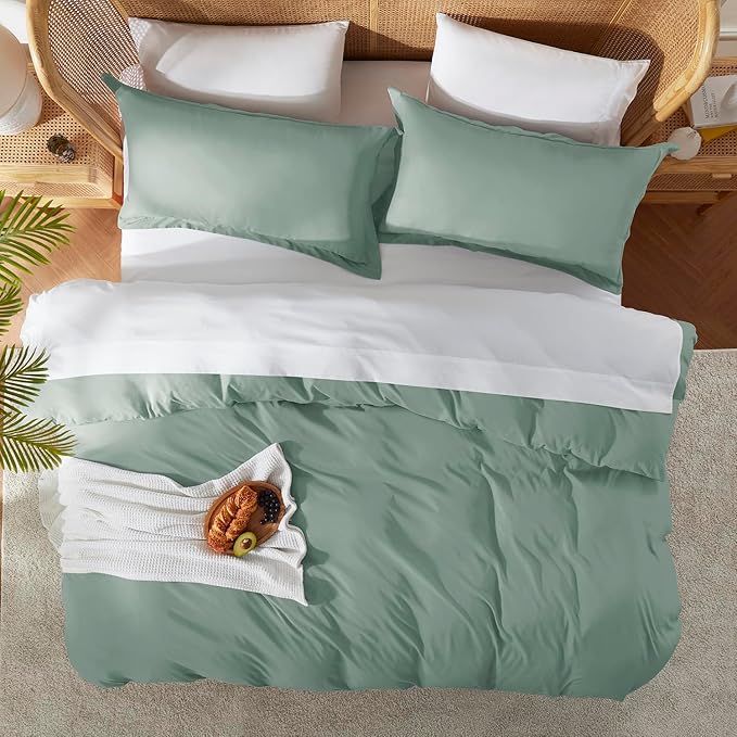Nestl California King Duvet Cover Set with Comforter Insert - Sage Green 4 Piece 104x98 Duvet Cover & 2 Pillow Shams with White Quilted Down Alternative Comforter, Ultra Soft, All Season