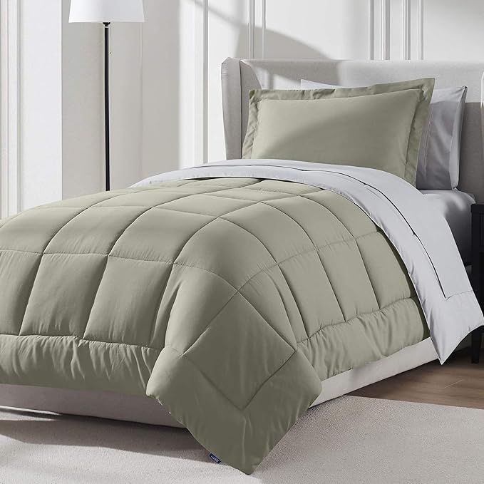Nestl 7 Piece Twin Comforter Set – Light Sage Reversible Bed in a Bag – Complete Twin Size Bedding Set with Sheets, Set of 2 Down Alternative Pillows, Pillowcase and Sham
