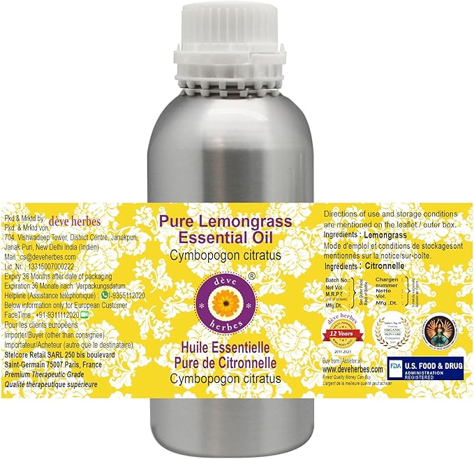 Deve Herbes Pure Lemongrass Essential Oil (Cymbopogon citratus) Steam Distilled 300ml (10 oz)