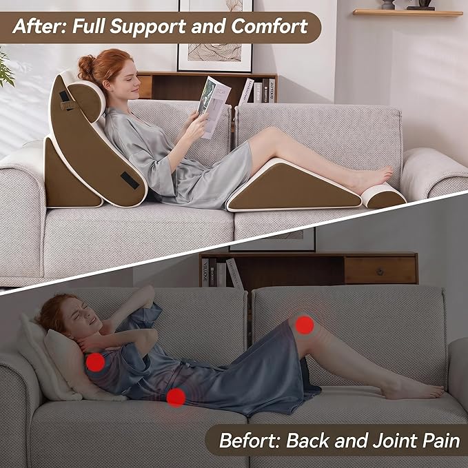 5PCS Wedge Pillow Set for After Surgery,Bed Orthopedic Pillow for Sleeping, Memory Foam Back Pillow for Pain Relief and Acid Reflux, Adjustable Sitting Up for Bed Post Surgery Pillow Brown