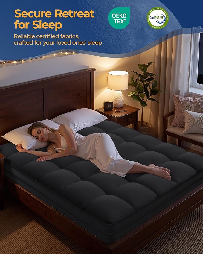 KAYFIA Full Mattress Topper, Extra Thick Mattress Pad Cover for Deep Sleep,3D+7D Snow Down Alternative Fill Overfilled Plush Pillow Top with 8-23 Inch Deep Pocket-Black
