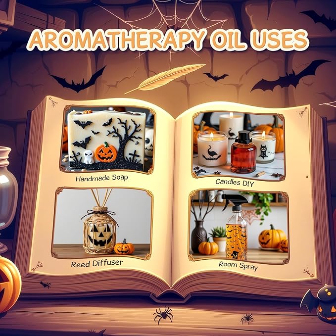 Halloween Fragrance Oils, Premium Essential Oils for Diffuser, Scented Oils for Candle & Soap Making - Pumpkin Pie, Fresh Cut Wood, Bonfire, Rainbow Candy, Pacific Pepermint, Buttered Bliss