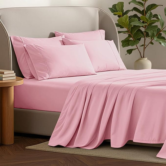 Bare Home Hotel Luxury Twin Sheet Set, Extra Soft - 4 Piece Set - Deep Pockets - Easy Fit - Cooling & Breathable - Wrinkle, Fade, Stain Resistant - Includes 2 Pillowcases (Twin, Light Pink)