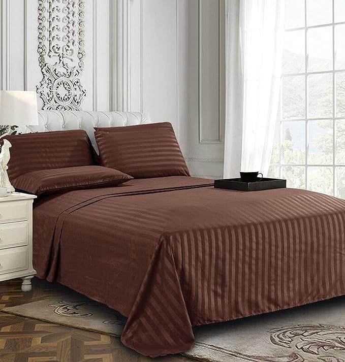 Elegant Comfort Softest and Coziest 4-Piece Sheet Set - 1500 Premium Hotel Quality Microfiber - Luxurious Wrinkle Resistant 4-Piece Damask Stripe Bed Sheet Set, Twin, Chocolate Brown