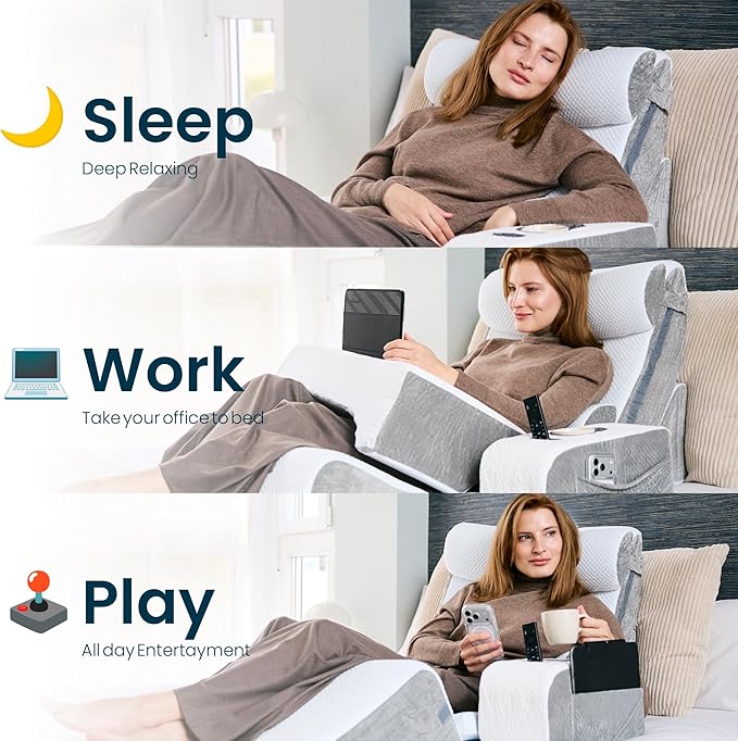 TabCouchCaddy 8-Piece Orthopedic Wedge Pillow Set for Sleeping, Post-Surgery Recovery, Back & Leg Pain Relief, Acid Reflux & GERD Support with Tablet & Cup Holder (Furry)