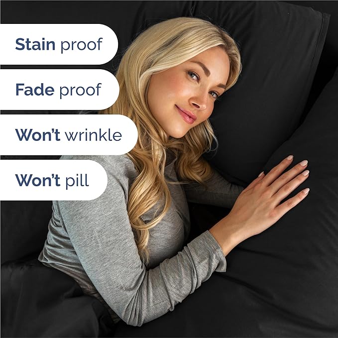 Split King 7 Piece Sheet Set - Comfy Breathable & Cooling - Hotel Luxury Bedding for Women, Men, Kids, Teens & Children - 1 Flat & 2 Fitted Sheets & 4 Pillowcases w/ Deep Pockets, Wrinkle Free - Black
