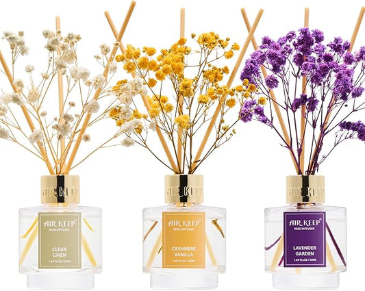 Airkeep Reed Diffuser Set of 3,Clean Linen Cashmere Vanilla Lavender Garden Oil Reed Diffusers for Bedroom Living Room Office Aromatherapy Oil Reed Diffuser for Gift 50ml x 3