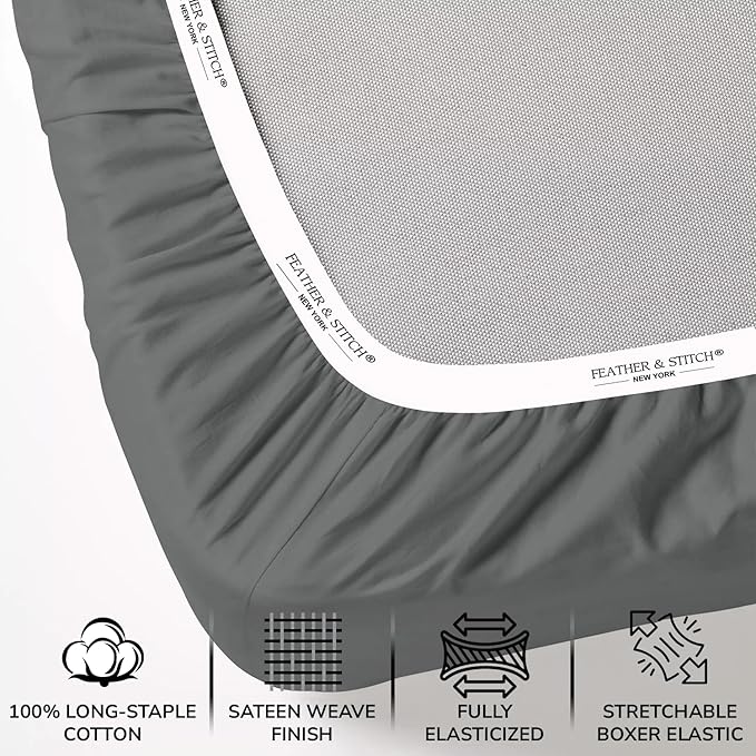 Feather & Stitch 500 TC Twin Size 3pc Damask Bed Sheet Set, 100% Soft Cotton Breathable Bedsheets, 18" Deep Pockets Sateen Weave Solid Bedding Mattress Resort Hotel Luxury Decor - (Charcoal Slate)