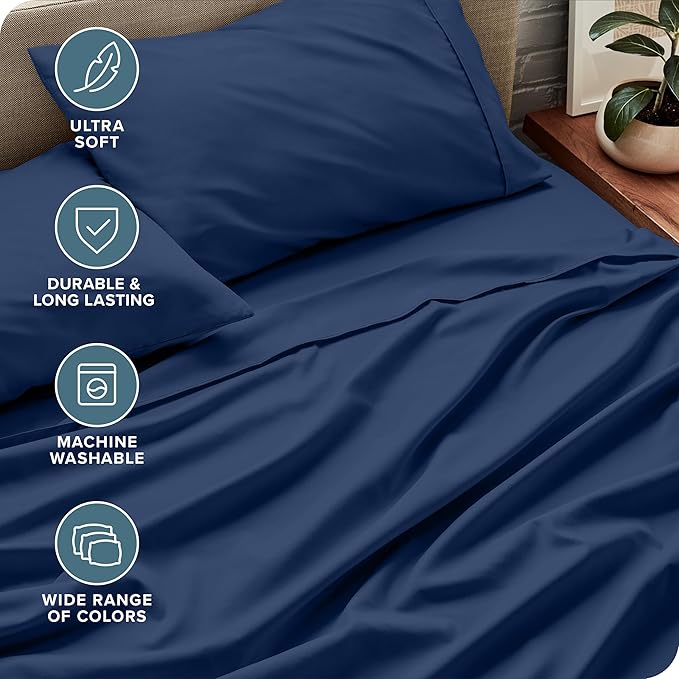 Bare Home Queen Sheet Set - 1800 Ultra-Soft Microfiber Queen Bed Sheets - Double Brushed - Deep Pockets - Easy Fit - 4 Piece Set - Bedding Sheets & Pillowcases (Queen, Dark Blue)