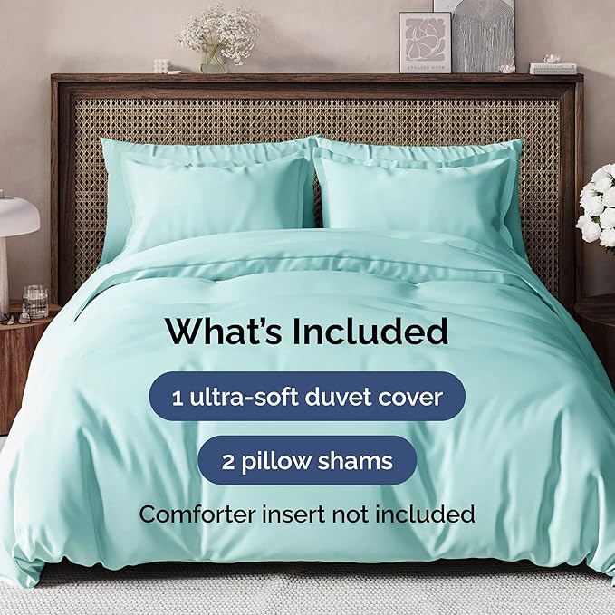 Duvet Cover Queen Size Set - Extra Soft Queen Duvet Cover 90" x 90" with 2 Pillow Shams - Hotel Luxury, Easy Care & Fade Free w/ Zipper Closures & Ties - All Season, Comfy and Breathable (Spa Blue)