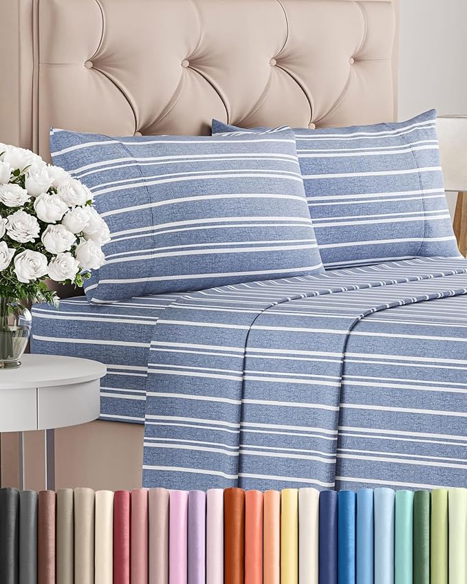 Full Size 4 Piece Sheet Set - Comfy Breathable & Cooling Sheets - Hotel Luxury Bed Sheets for Women & Men - Deep Pockets, Easy-Fit, Soft and Wrinkle Free Sheets - Blue Stripes Oeko-Tex Bed Sheet Set