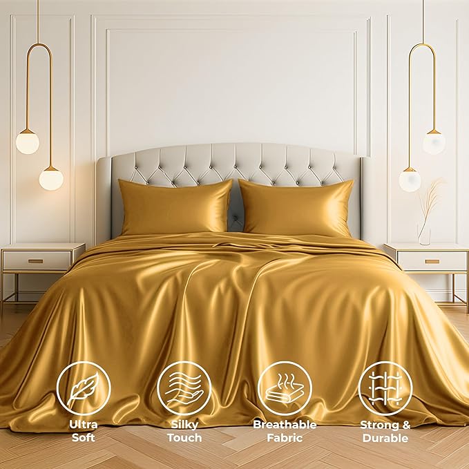 Satin Sheets California King [4-Piece, Gold] Luxury Silky Bed Sheets - Extra Soft 1800 Microfiber Sheet Set, Wrinkle, Fade, Stain Resistant - Deep Pocket Fitted Sheet, Flat Sheet, Pillow Cases