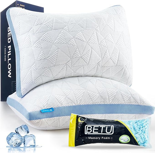 BETU Cooling Pillows Queen Size Set of 2, Shredded Memory Foam Cool Pillows for Hot Sleepers, Adjustable Firm Soft Support Bed Pillows Perfect for Back Neck Pain and Side Sleeping with Cover, Blue