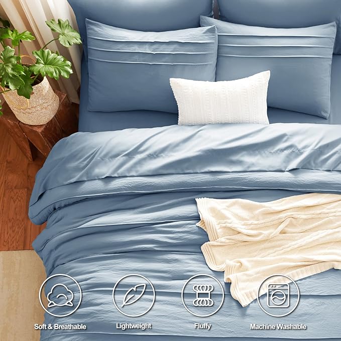 CozyLux King Size Comforter Set Grayish Blue, 7 Pieces Soft Pinch Pleat Bed in a Bag King Comforter Set with Sheets, Boho Bed Set with Down Alternative Comforter, Sheets, Pillowcases & Shams