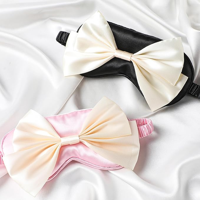 Silk Bow Sleepping Eye Mask - Soft Silk Pink Comfortable Blindfold Block Light Eyes Masks for Women Travel Bed Sleep Office Sleepover Nap Party Gift Supplies