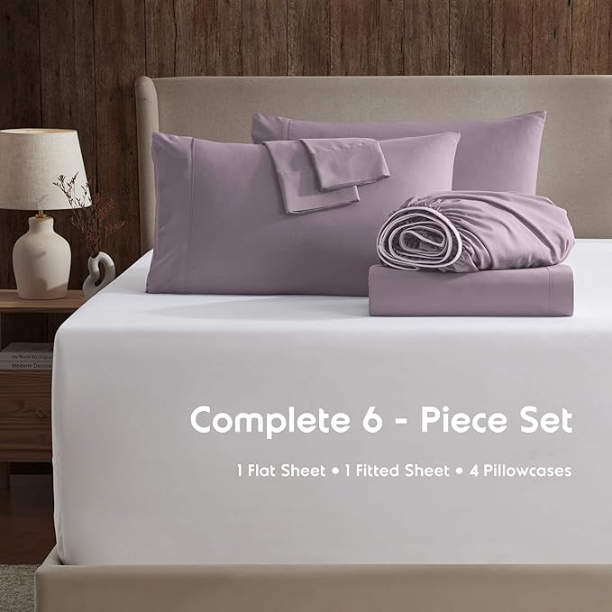 Nestl Extra Deep Cal King Sheet Set - 6 Piece Breathable & Cooling Sheets - Hotel Luxury Bedding Set w/18-24 Inch Deep Pockets - Easy & Secure Fit - Super Soft, Wrinkle Free & Comfy - Dusty Purple