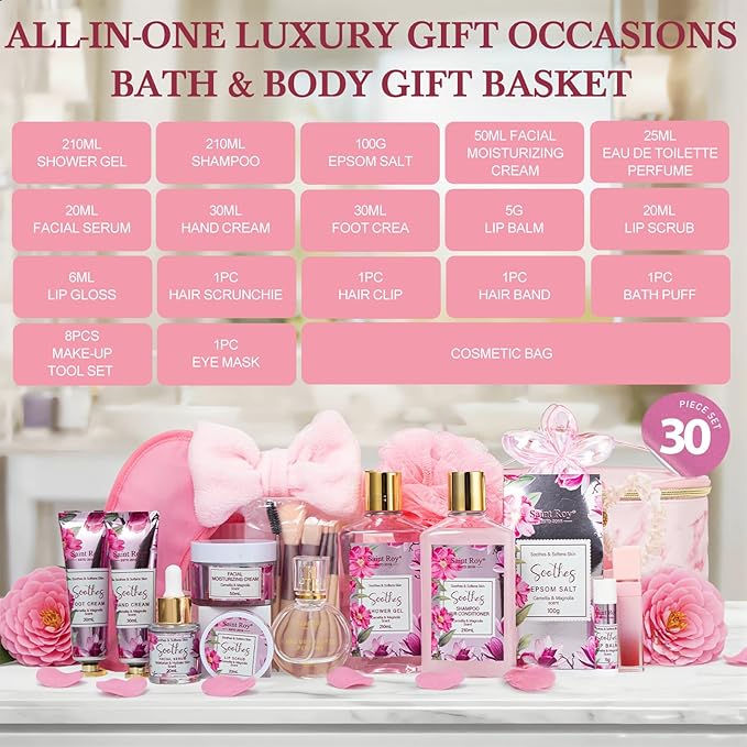 Camellia & Magnolia Facial Skin Care Set, 27 Pcs Bath & Body Spa Basket for Women, Beauty Care Kit, Makeup Bag, Face Serum, Perfume, Christmas, Mother Day, Valentine's, Birthday, Bridal Shower