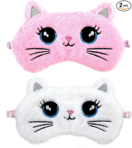 2 Pcs Plush Eye Mask Soft Sleeping Blindfold Eye Cover Comfortable Cute Animal Sleeping Mask Satin Nap Night Eyeshade Cover for Women Men Gift (Pink White Cat Style)