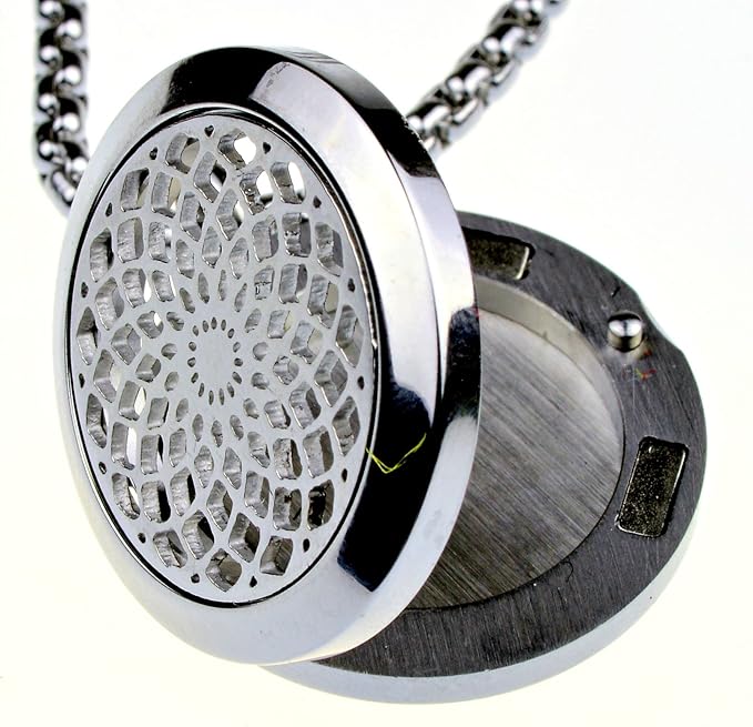 Wild Essentials Sun Mandala Essential Oil Diffuser Necklace, Stainless Steel Locket Pendant with 24 inch Chain, 12 Color Refill Pads, Customizable Color Changing Perfume Jewelry for Aromatherapy